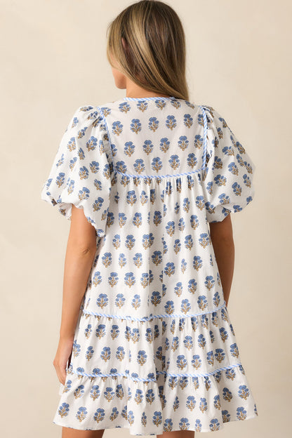 Dinner Party Cotton Ivory Floral Puff Sleeve Mini Dress