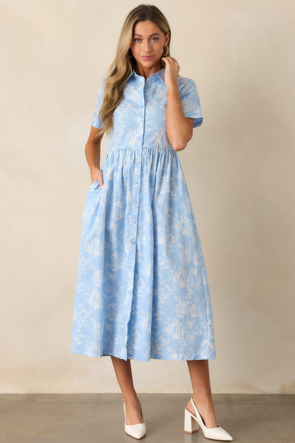 Believe It Cotton Light Blue Toile Maxi Dress