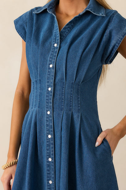 Classic Tea Party Dark Wash Denim Button Front Pleated Midi Dress