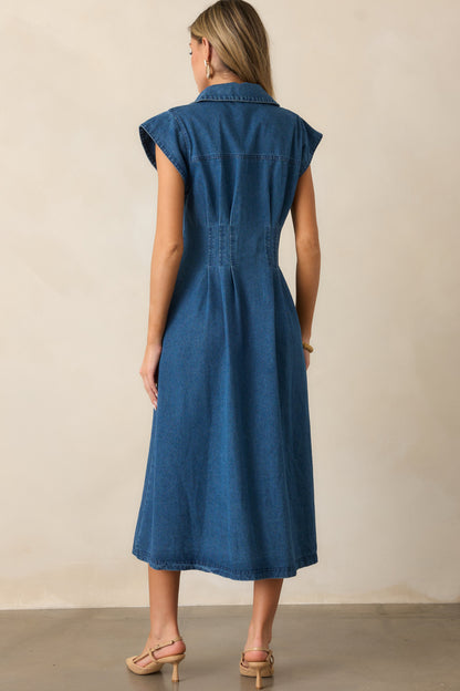 Classic Tea Party Dark Wash Denim Button Front Pleated Midi Dress