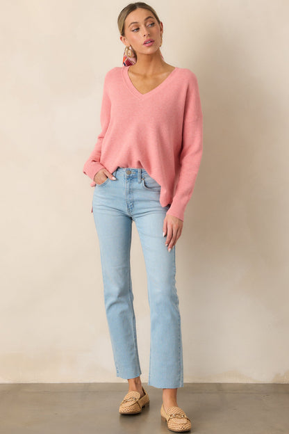 Cozy Afternoon Rose Pink V-Neck Sweater