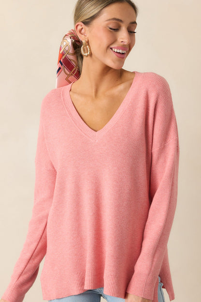 Cozy Afternoon Rose Pink V-Neck Sweater