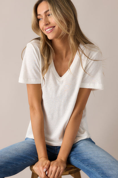 All The Way Ivory V-Neckline Washed Tee