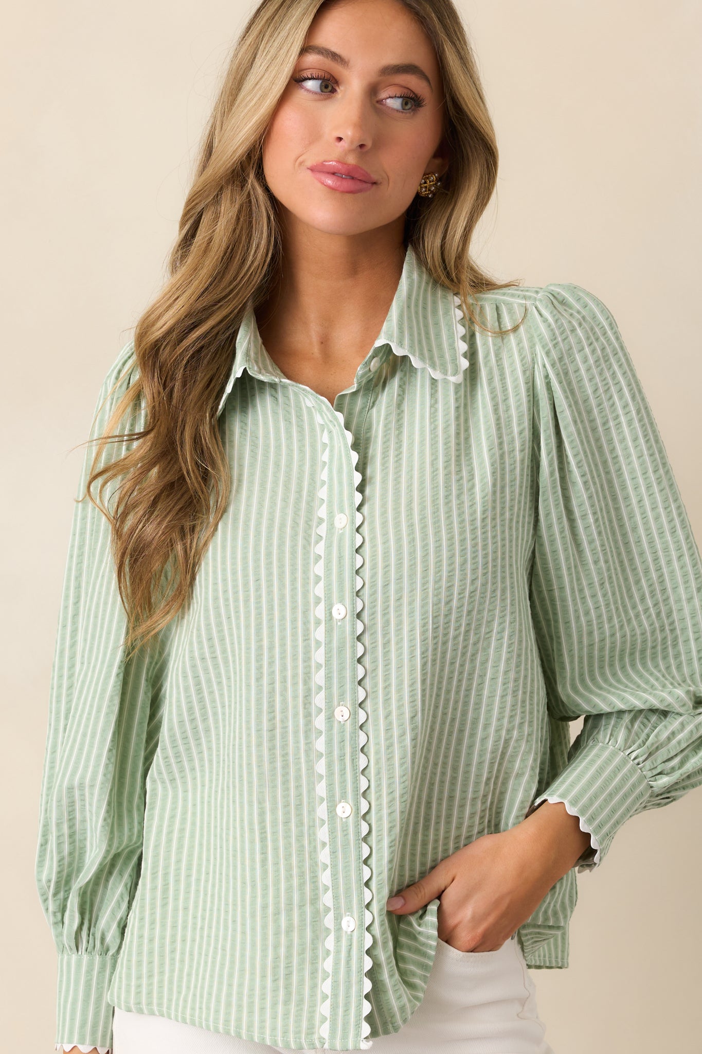 In the Quiet Shade Sage Button Front Blouse