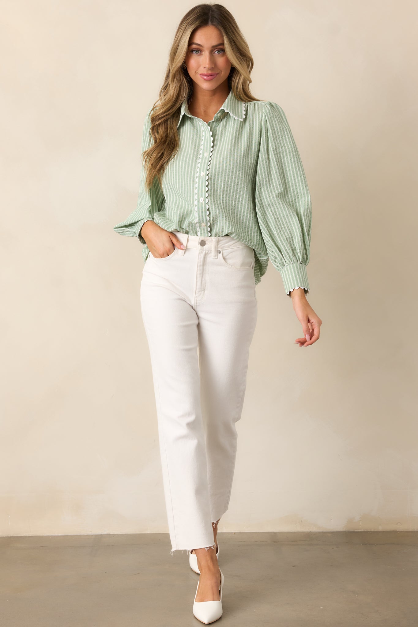 In the Quiet Shade Sage Button Front Blouse