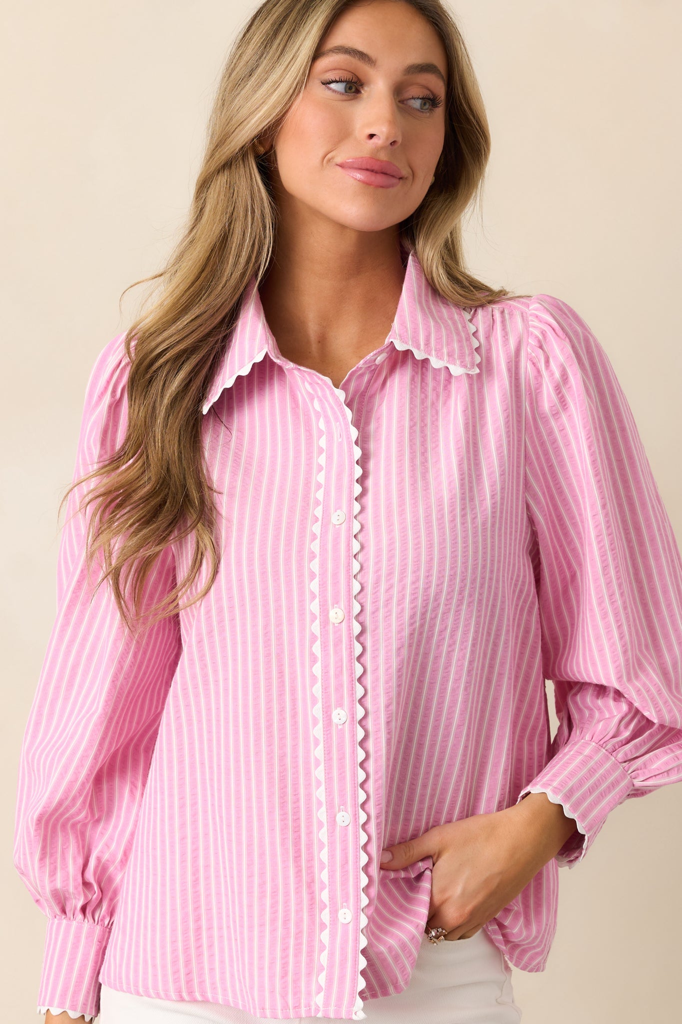 In the Quiet Shade Pink Button Front Blouse
