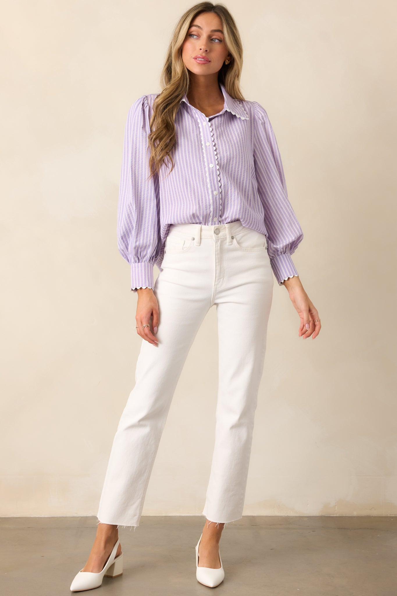 In the Quiet Shade Lavender Button Front Blouse
