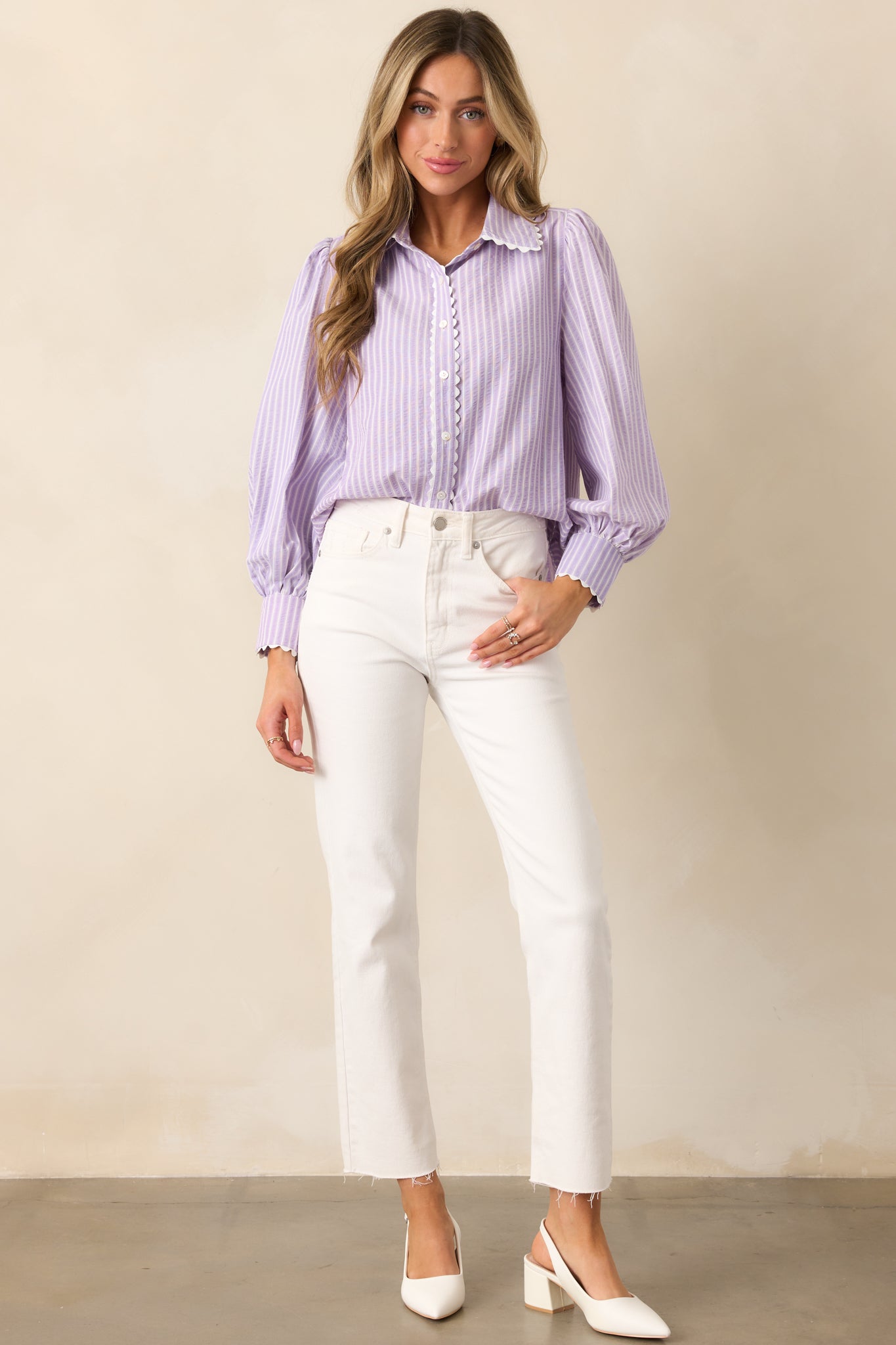 In the Quiet Shade Lavender Button Front Blouse