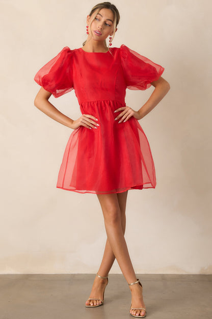 Another Kiss Red Puff Sleeve Mini Dress