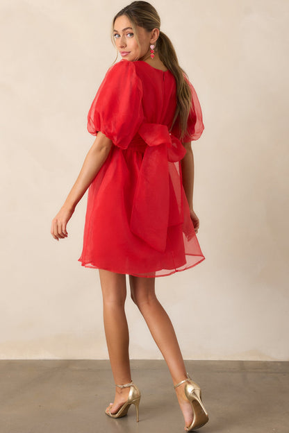 Another Kiss Red Puff Sleeve Mini Dress
