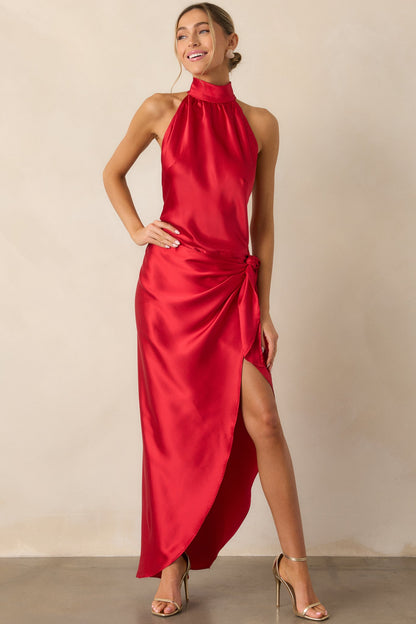 A Night Out Red Satin Halter Neck Maxi Dress