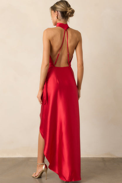 A Night Out Red Satin Halter Neck Maxi Dress