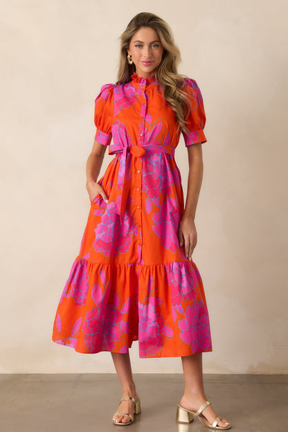 Free To Fly Cotton Orange Floral Button Front Midi Dress