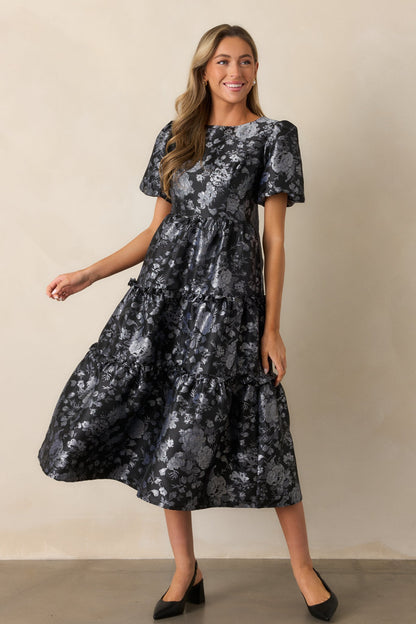 Follow My Lead Black Floral Jacquard Midi Dress