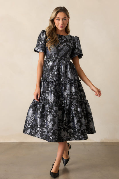 Follow My Lead Black Floral Jacquard Midi Dress