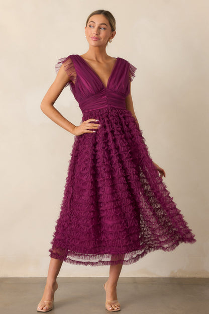 Fearless Hearts Plum Ruffle Midi Dress