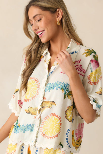 Island Time Ivory Tropical Fruit Print Button Front Top