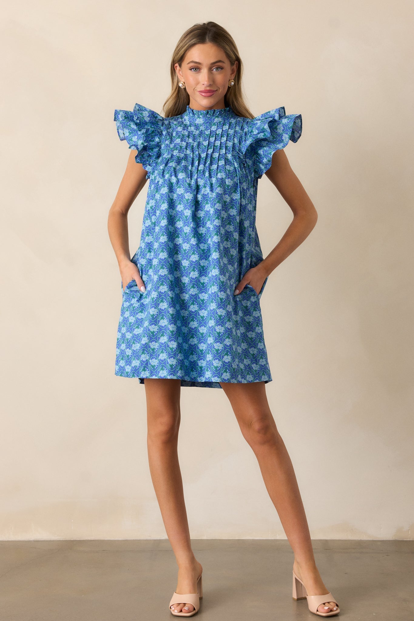 Daisy Drift Cotton Navy Floral Flutter Sleeve Mini Dress