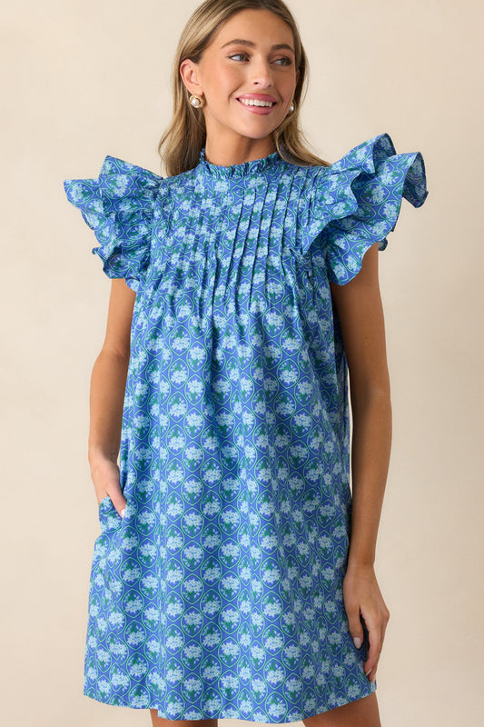 Daisy Drift Cotton Navy Floral Flutter Sleeve Mini Dress