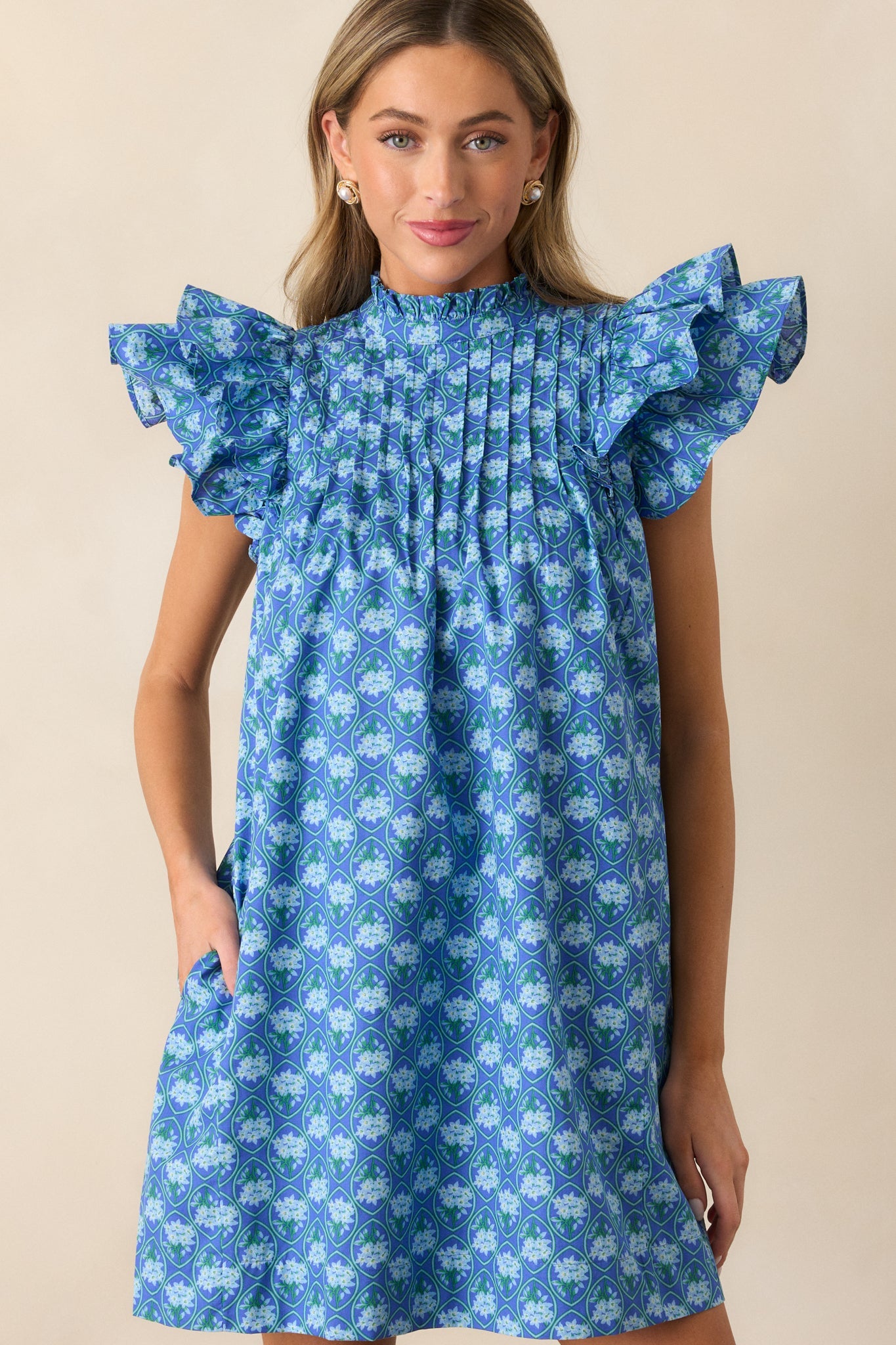 Daisy Drift Cotton Navy Floral Flutter Sleeve Mini Dress