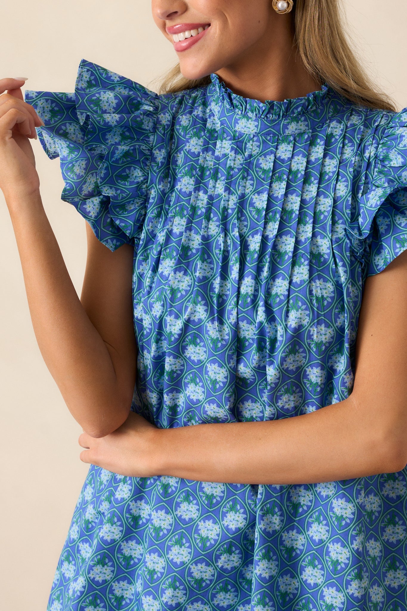 Daisy Drift Cotton Navy Floral Flutter Sleeve Mini Dress
