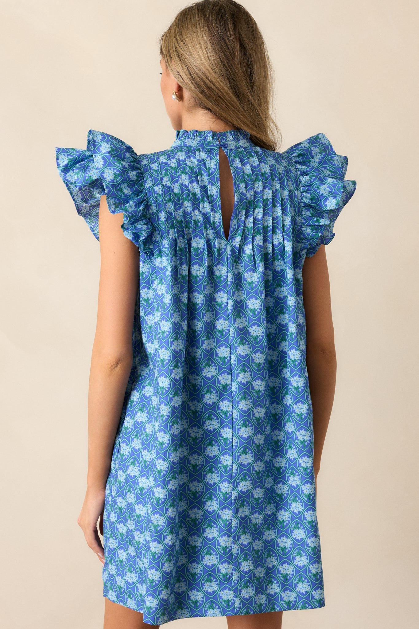 Daisy Drift Cotton Navy Floral Flutter Sleeve Mini Dress