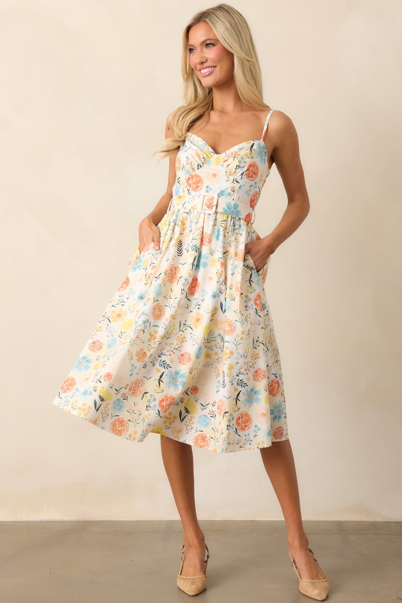 Garden Harvest Ivory Floral Belted Cotton Midi Dress
