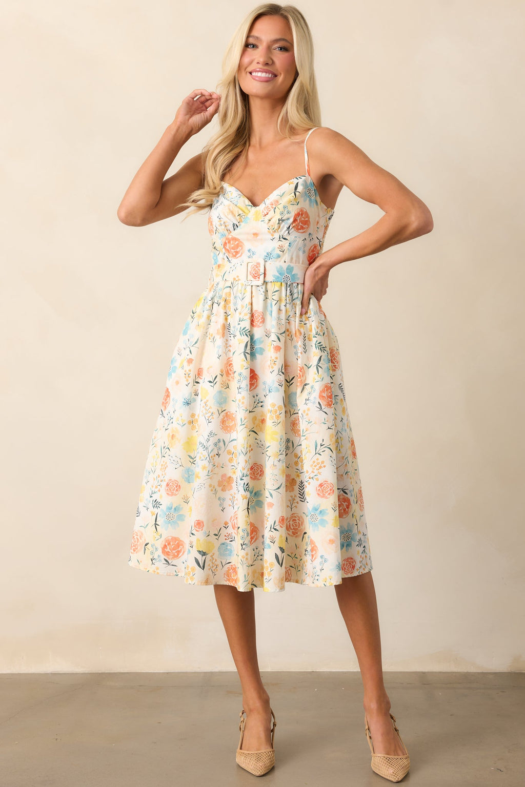 Garden Harvest Ivory Floral Belted Cotton Midi Dress