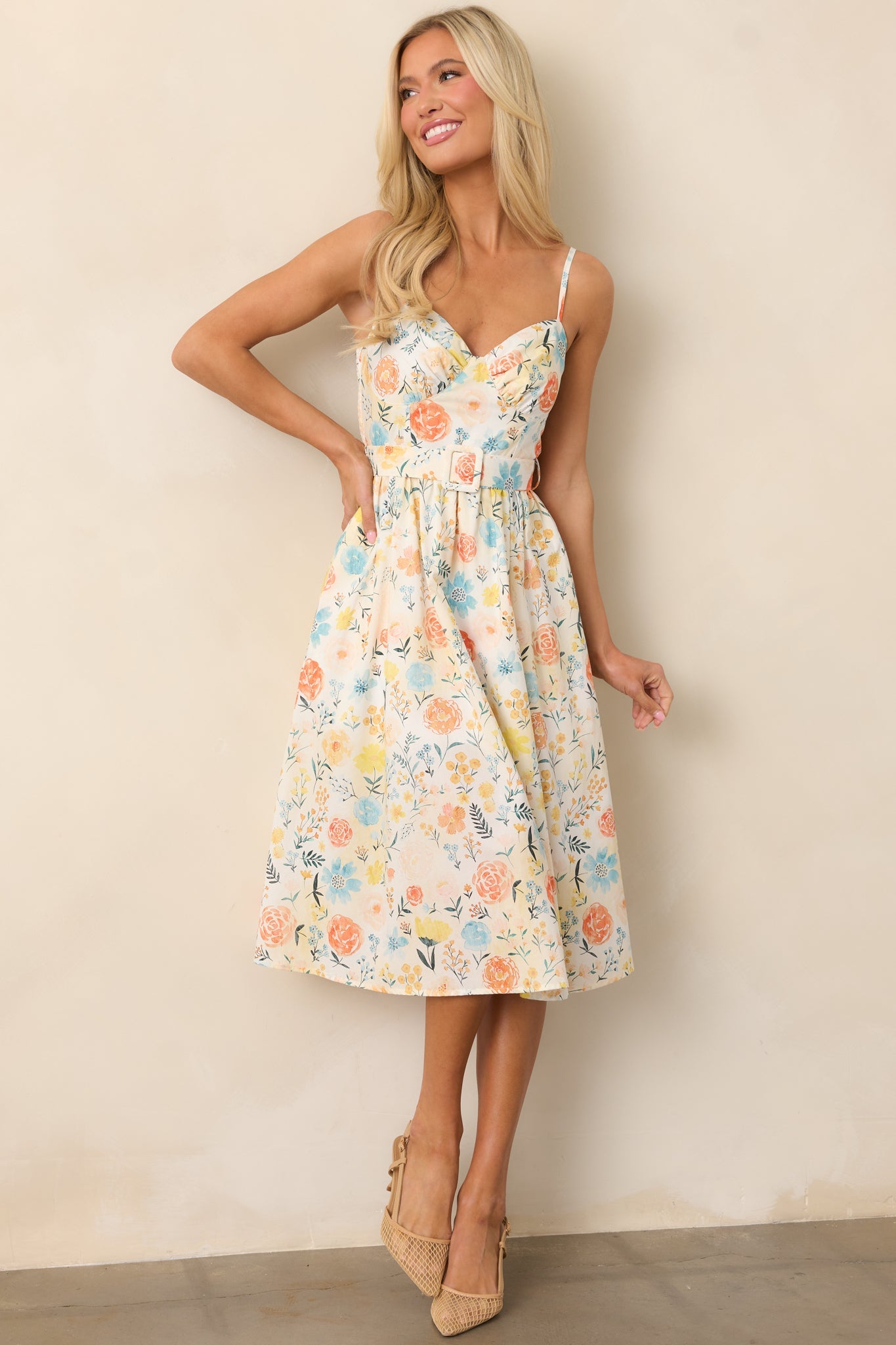 Garden Harvest Ivory Floral Belted Cotton Midi Dress