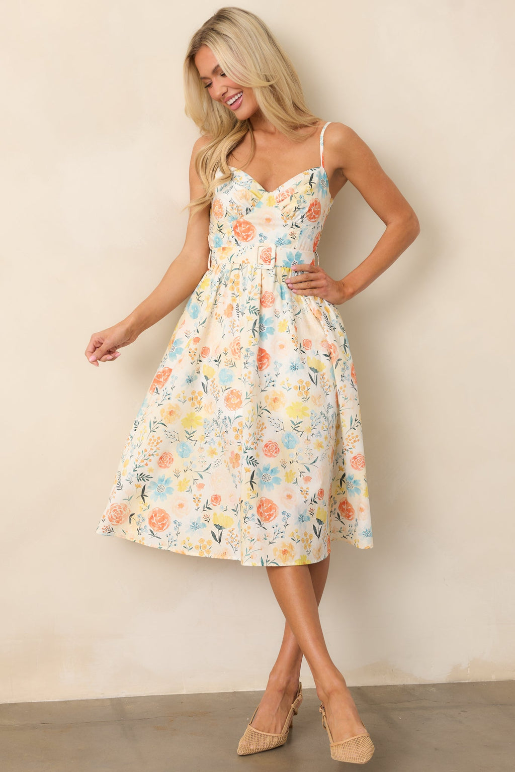Garden Harvest Ivory Floral Belted Cotton Midi Dress