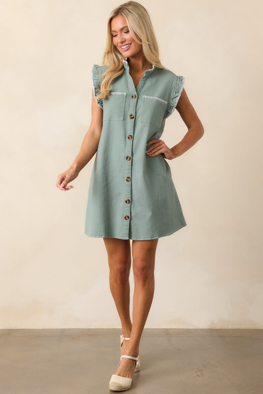 Bed & Breakfast Sage Green Button Front Mini Dress
