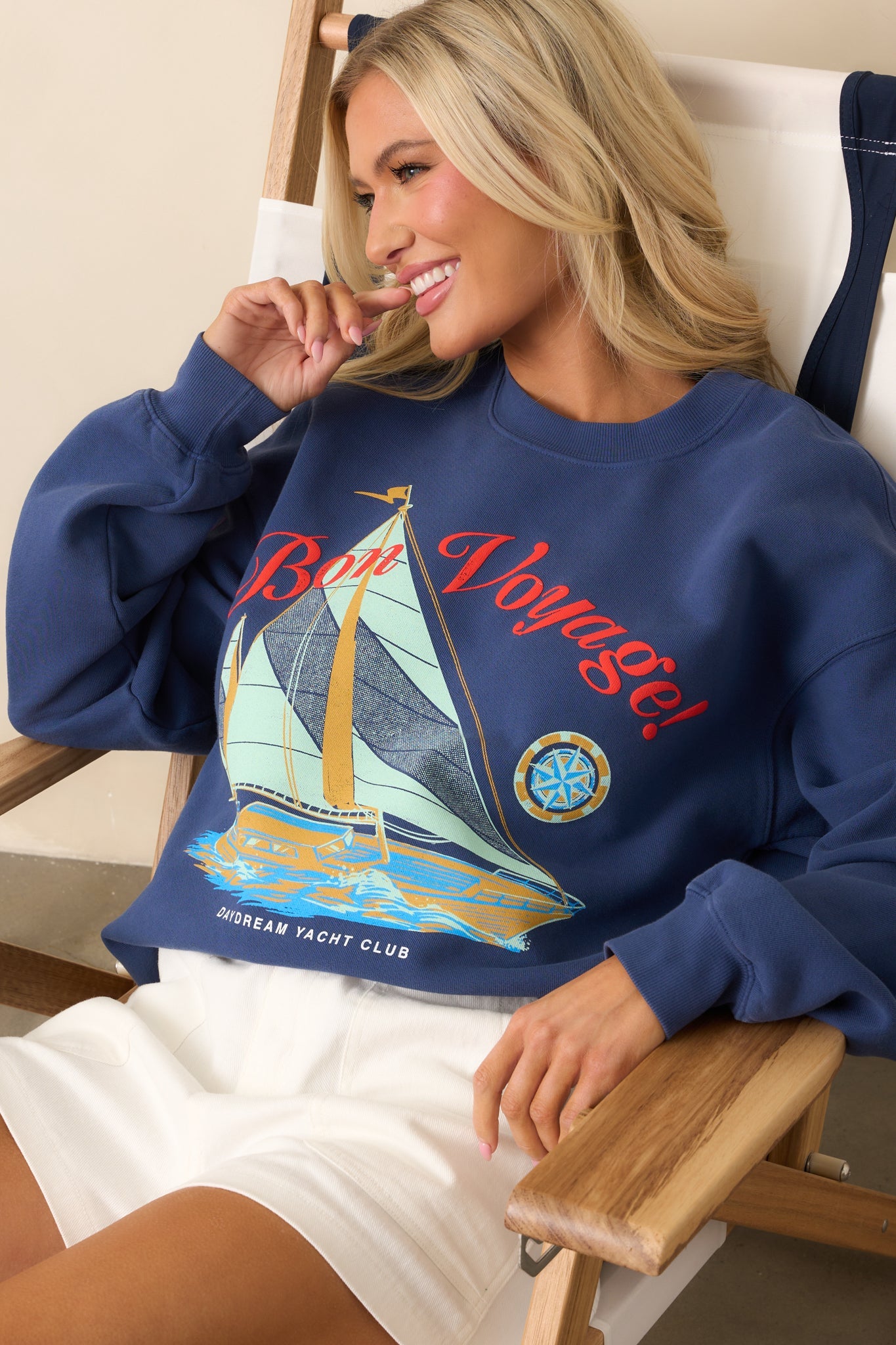 Bon Voyage Washed Indigo Blue Boyfriend Sweatshirt
