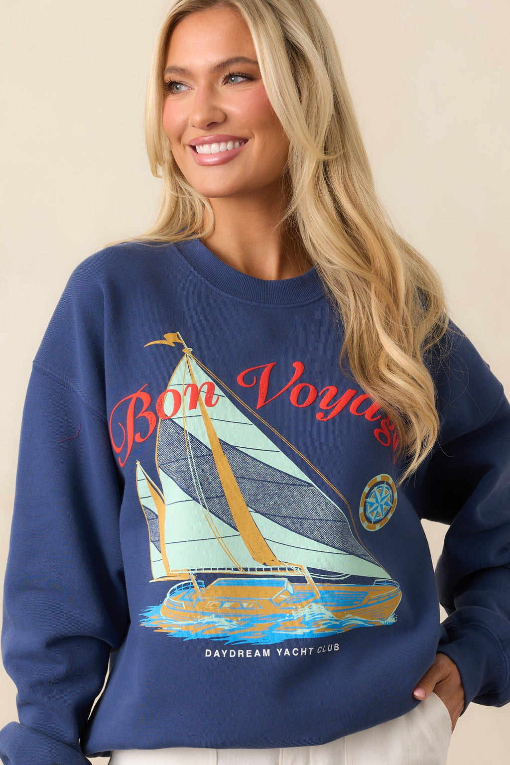 Bon Voyage Washed Indigo Blue Boyfriend Sweatshirt