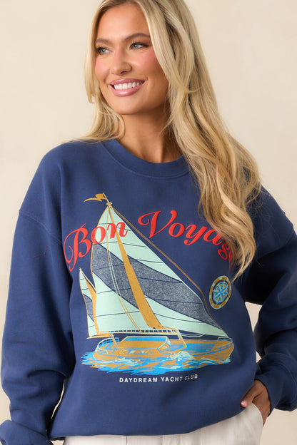 Bon Voyage Washed Indigo Blue Boyfriend Sweatshirt