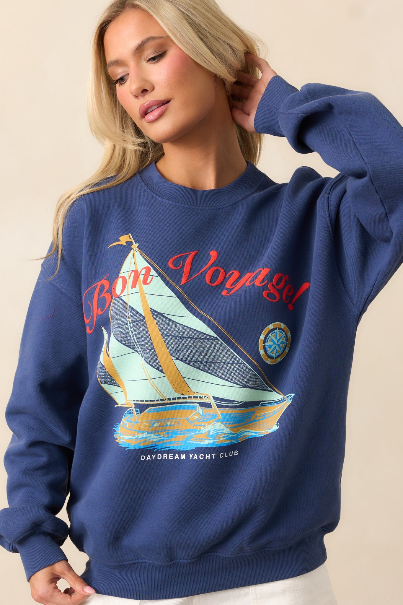 Bon Voyage Washed Indigo Blue Boyfriend Sweatshirt