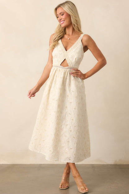 A Touch Of Grace Ivory Embroidered Cutout Midi Dress
