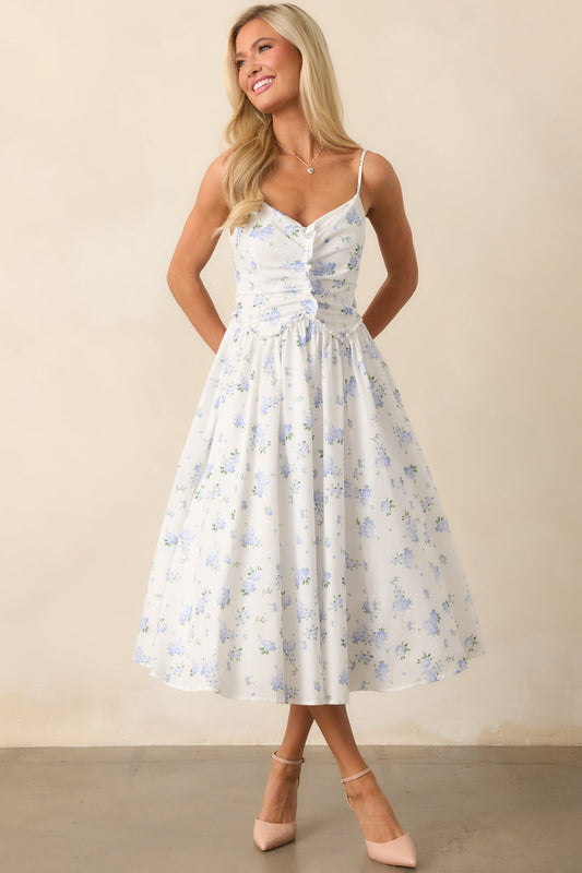Garden Treasures Light Blue Floral Cotton Midi Dress