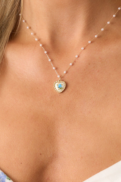 Feeling Connected Blue Floral Heart Faux Pearl Necklace