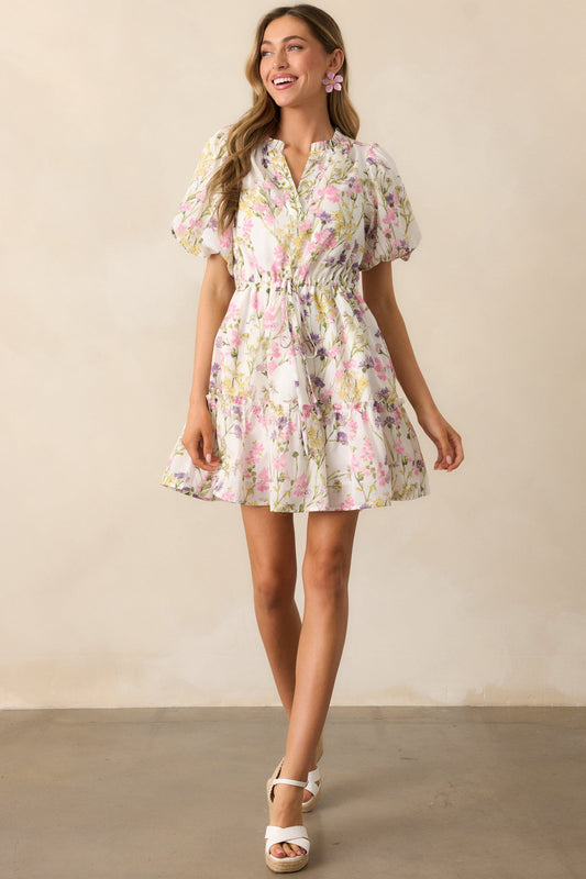 For Good Measure Ivory Floral Cotton Puff Sleeve Mini Dress
