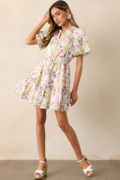 For Good Measure Ivory Floral Cotton Puff Sleeve Mini Dress