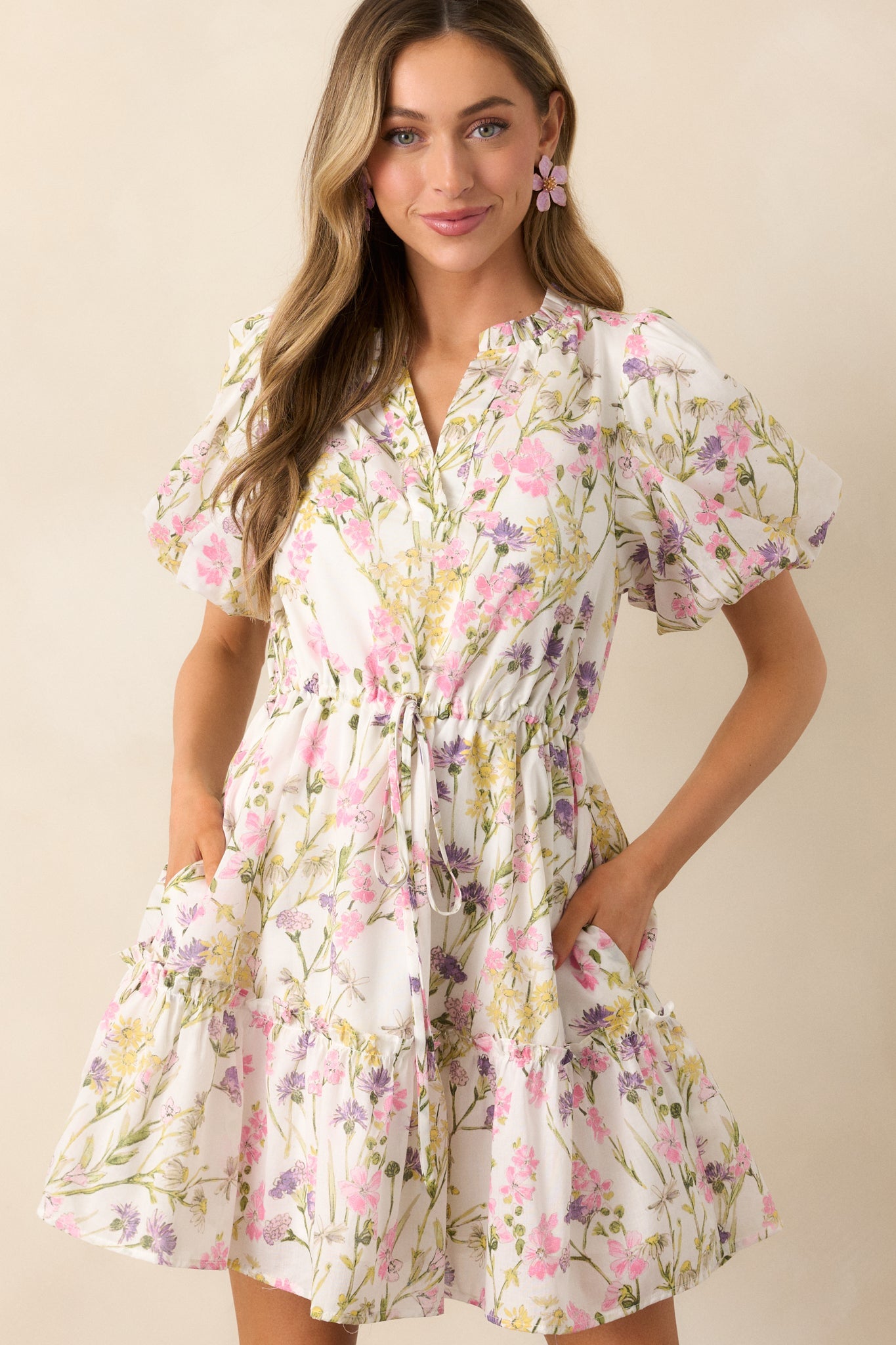 For Good Measure Ivory Floral Cotton Puff Sleeve Mini Dress
