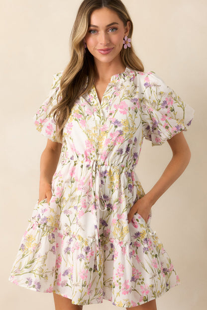 For Good Measure Ivory Floral Cotton Puff Sleeve Mini Dress