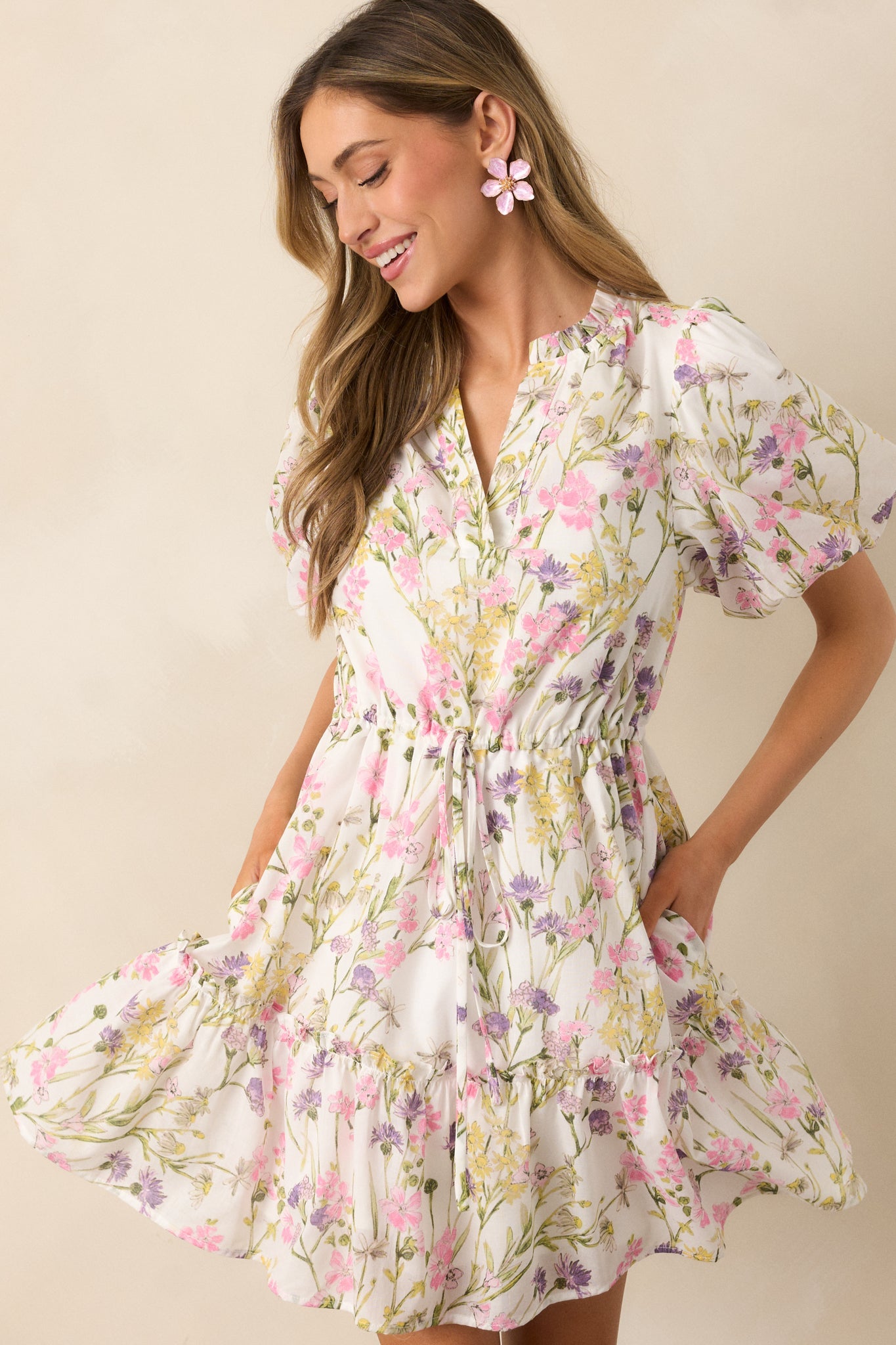 For Good Measure Ivory Floral Cotton Puff Sleeve Mini Dress