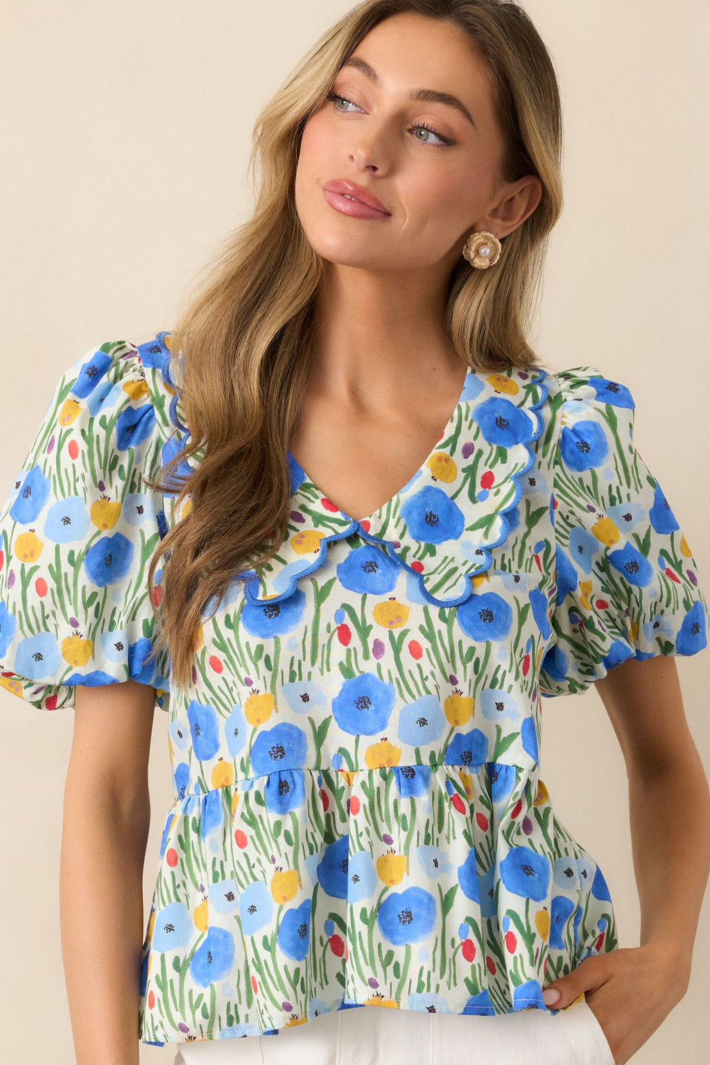 Afternoon Bliss Cotton Blue Floral Puff Sleeve Blouse