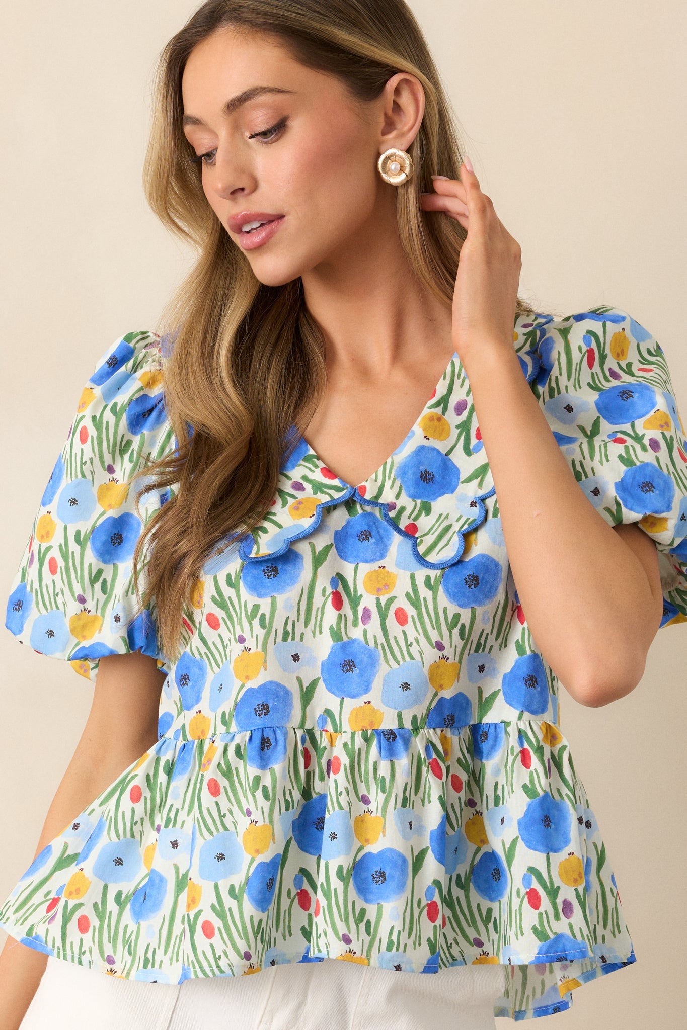 Afternoon Bliss Cotton Blue Floral Puff Sleeve Blouse
