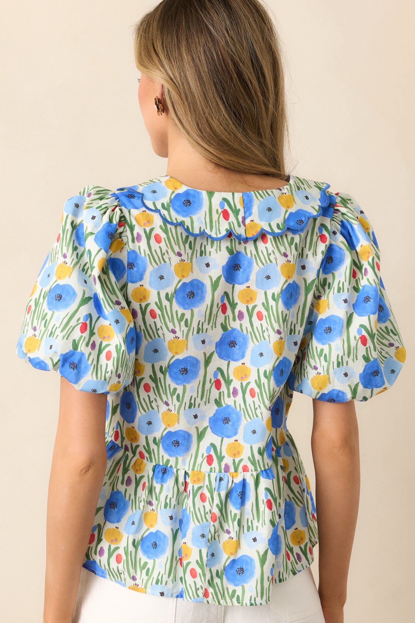 Afternoon Bliss Cotton Blue Floral Puff Sleeve Blouse