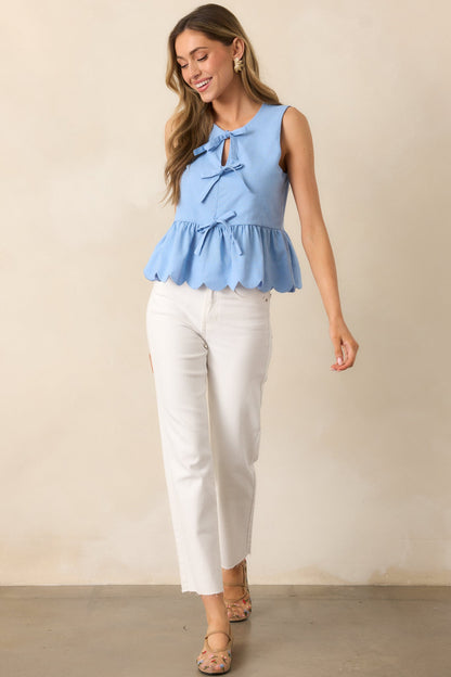 Countryside Inn Light Blue Bow Front Peplum Top