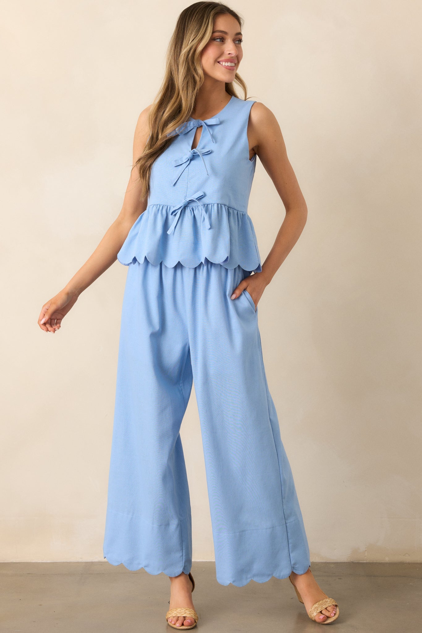 Countryside Inn Light Blue Bow Front Peplum Top