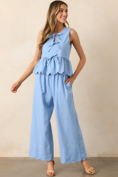 Countryside Inn Light Blue Bow Front Peplum Top