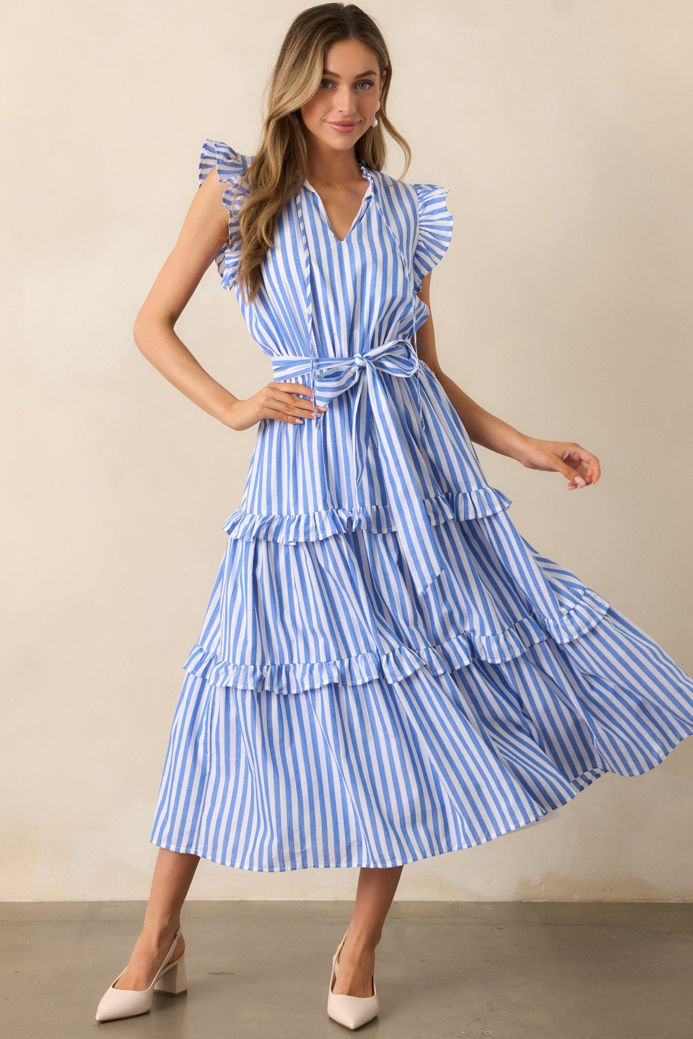 Feeling Free Blue Stripe Cotton Flutter Sleeve Maxi Dress